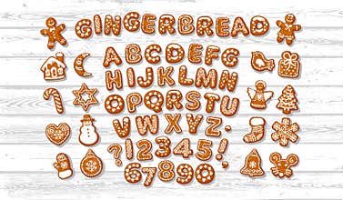 Christmas and New Year gingerbread alphabet letters and numbers and cute traditional holiday cookies