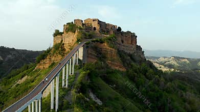 Aerial view of famous Civita di Bagnoregio town on summer evening