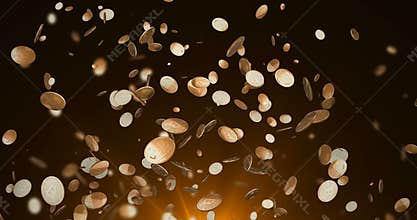 Virtual gold bitcoins symbol crypto digital currency explosion from bottom on warm gold gradient background flare, new business