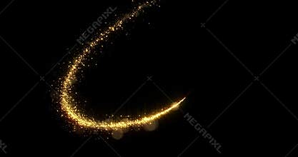 Golden glitter light tail, sparkling shine glow wave. Gold glittering magic shimmer trail, bright light sparks, black background