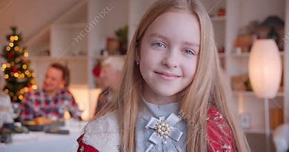 Portrait of a little girl blonde New Year Christmas background family smiling