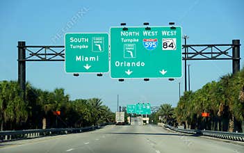 Hollywood, FL, U.S.A - January 3, 2020 - The view of the exit into Florida Turnpike - South to Miami, Interstate 595 West and