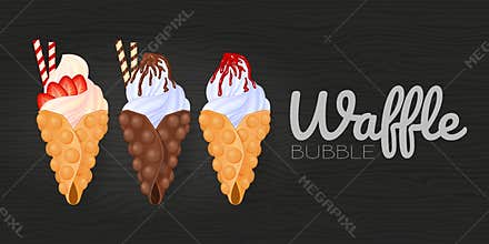 Tasty bubble waffle on wood black background.