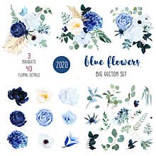 Classic blue, white rose, white hydrangea, ranunculus