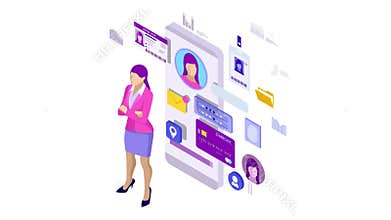 Isometric personal data information app, identity private concept. Digital data secure banner. Biometrics technology for