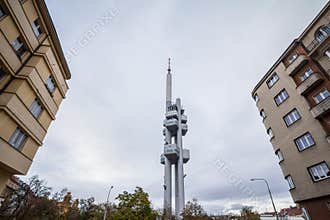 Panorama of the Prague Television Tower, in Zizkov district, in autum during a rainy afternoon.