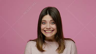 Closeup extremely excited brunette woman opening her mouth in amazement, looking joyful and surprised