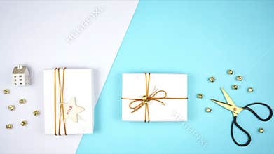 Christmas holiday flat lay gift wrapping on-trend composition.