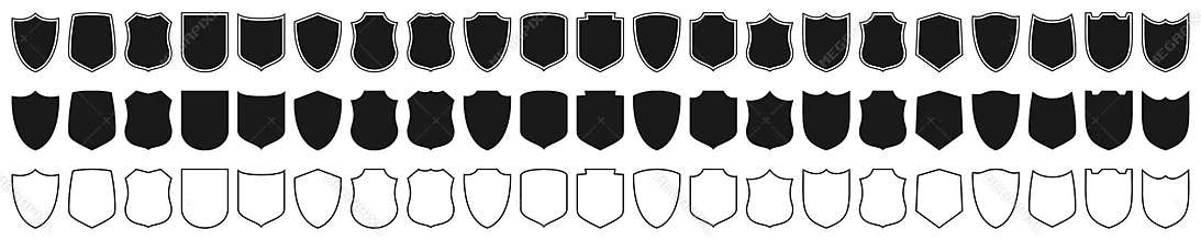 Shields set. Collection of security shield icons with contours and linear signs. Design elements for concept of safety and protect