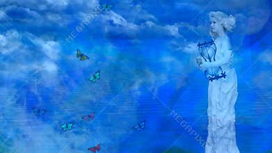 Woman`s marble statue and butterflies