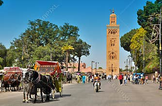 Koutoubia minaret made from golden bricks in centrum of medina