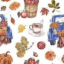 Fall themed seamless pattern. Watercolor truck with apples and mums in a basket, pumpkins, autumn leaves, cup of warm tea.