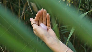 Female hand with french manicure holding pink quartz pink yoni egg for vumfit, imbuilding or meditation. Crystal gem in