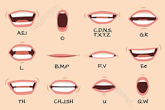 Mouth sync. Talking mouths lips for cartoon character animation and english pronunciation signs. Vector set