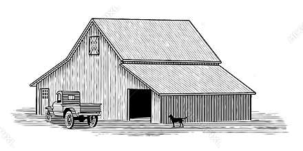 Woodcut Truck and Barn