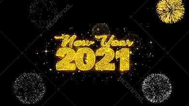 New Year 2021 text wish reveal on glitter golden particles firework.
