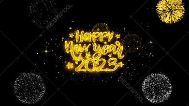 Happy New Year 2023 text wish reveal on glitter golden particles firework.