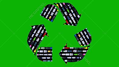 Recycle sign made of plastic bottles moving in rows - reuse concept