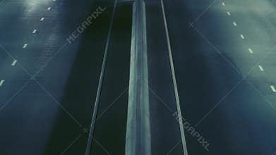 Aerial view fast moving freeway traffic. Self driving autonomous cars Time Lapse