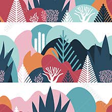 Seamless pattern with winter landscaping, plants, trees, hills. Preservation of the environment, ecology.