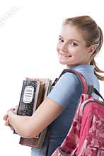 Caucasian college student with backpack copybooks