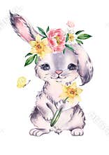 Watercolor bunny with a wreath of spring flowers. Easter card.