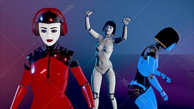 Cute cyborg girls dancing on the catwalk in neon light. Artificial Female Android dance. Artificial intelligence