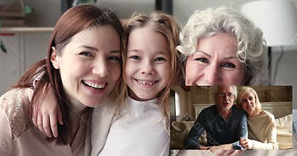 Grandparents video calling family with kid communicating by webcam