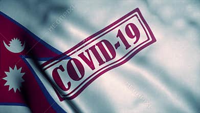 Covid-19 stamp on the national flag of Nepal. Coronavirus concept