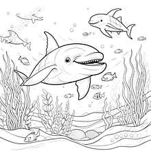 Coloring page with cartoon dolphin. Simple thick lines kids or children cartoon coloring book pages.
