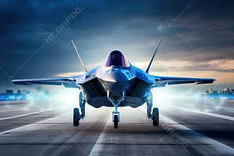 futuristic f35 with blue ion propulsion engines taking off on a runway aigenerated