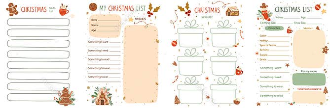 Christmas wishes list template collection. Printable pages decorated tasty gingerbread cookies, house. Vector gift