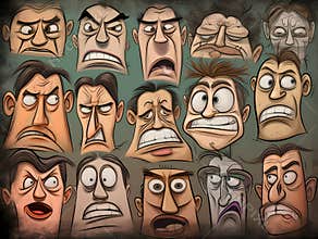 Collection of cartoon character faces in hand-drawn style