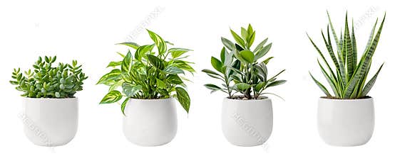 Jade Plant, Pothos, Snake Plant and Ficus and in a white flower pot. House plants.