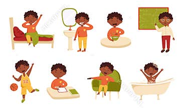 Set of daily cute african black boy vector illustration. Daily routine. Schedule. Isolated on a white background