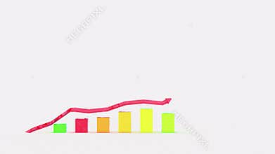 Red arrow trend chart with bars.