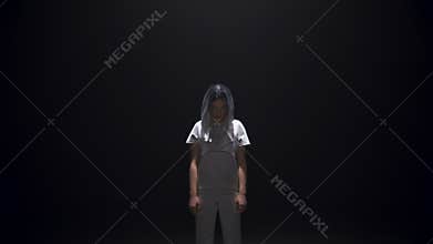 Cyberpunk woman dark background in studio light. Futuristic girl with closed