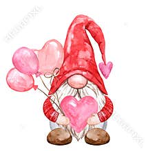 Cute hand-painted valentine gnome. Watercolor Valentine\'s day illustration