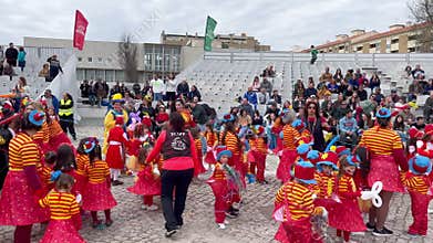 Traditional winter annual Estarreja Children carnival, Portugal. Costume music dance children festival