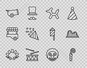 Set line Hand holding playing cards, Birthday party horn, Balloon dog, Drum with drum sticks, Cannon, Festive confetti