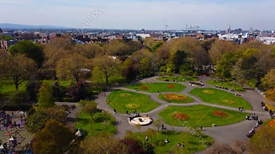 Famous St Stephens Green Park in Dublin from above - aerial view