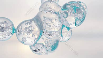 essential Oil Bubbles for cosmetics in water. blue liquid bubbles, fluid flow. Collagen, atoms floating, Moisturizing Cream,