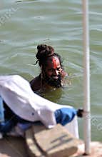 Hindu Sadhu Bathing in Ganges