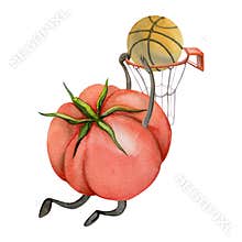 Hand drawn watercolor cute tomato character playing basketball game with ball and hoop. Fitness health. Illustration
