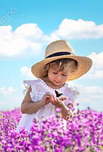 A child looks at a butterfly on flowers. Selective focus.