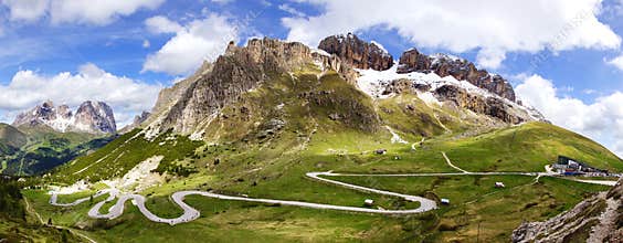 Dolomites landscape with mountain road.