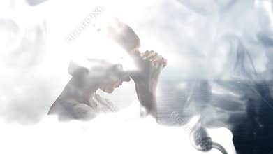 A female profile disappears into a puff of smoke on a white background. Visualization of mental disorder and instability