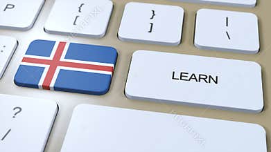 Learn Icelandic Language Concept. Online Study Courses. Button with Text on Keyboard. 3D Illustration