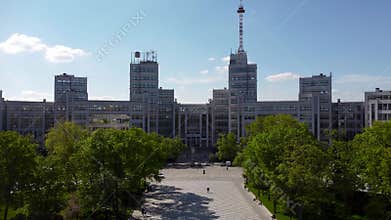 Aerial spring Derzhprom building with blue sky