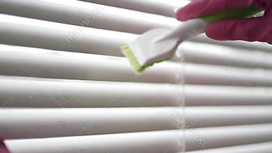 Pink Gloved Hands Cleaning White Window Blinds with a Green and White Brush for Home Upkeep and Chore